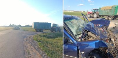 Водитель пошел на обгон трактора, но не учел, что тот будет поворачивать налево. Пострадала пассажирка